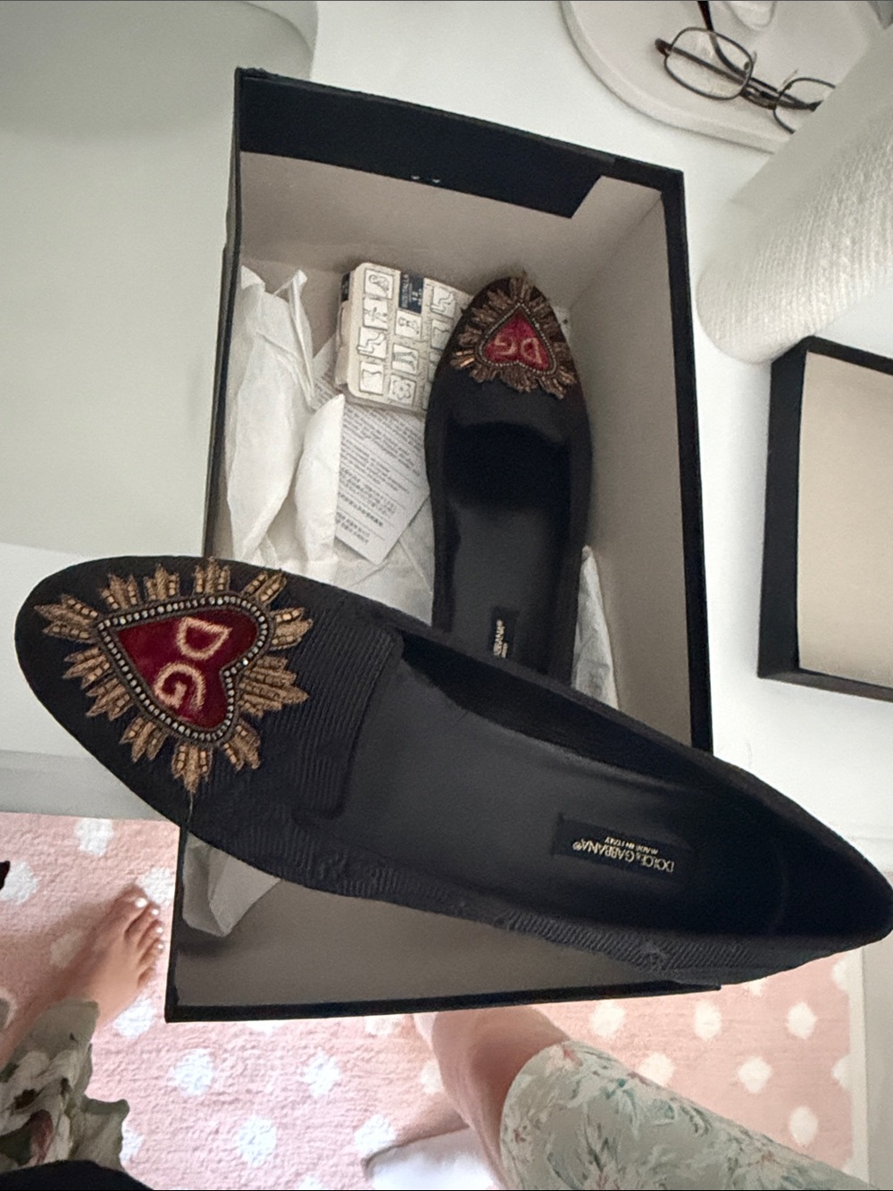 Dolce & Gabbana Black Pointed Embellished Heart Flats
